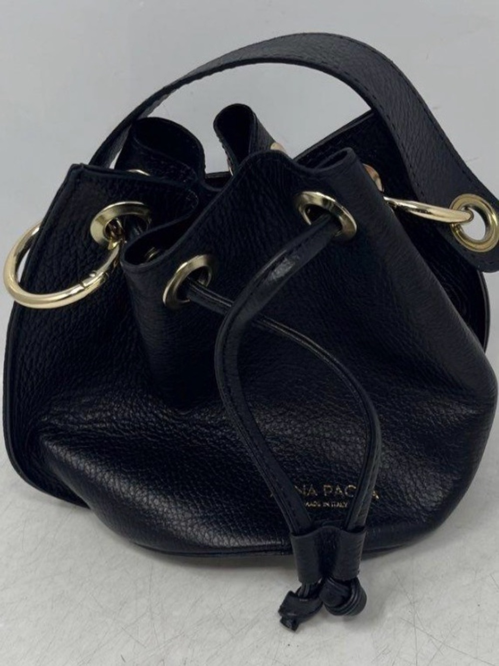 NWT Anna Paola Black Pebbled Leather Drawstring Bucket Bag with Gold Hardware